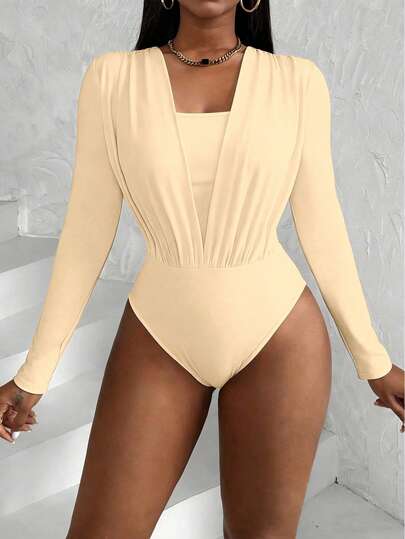 VaVaBold Slayr Women's Spring And Summer Pleated Chest 2 In 1 Long Sleeve Fashion Bodysuit