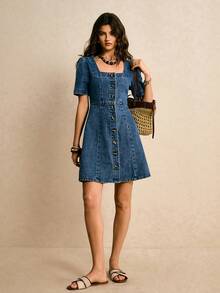 Poéselle 女士优雅法式泡泡袖收腰A字迷你连衣裙 - 中等水洗藍 - 查看 6