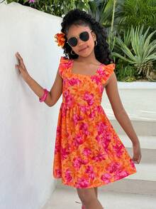 Vestido casual de vacaciones con estampado floral naranja-rojo sin espalda y lazo para niña preadolescente - Naranja - Ver 4