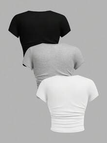 SHEIN Girlism 3件套少女修身休闲纯色圆领褶皱短袖T恤，蝴蝶印花，黑色、白色、灰色可选，适合休闲外出和居家穿着 - 彩色 - 查看 2