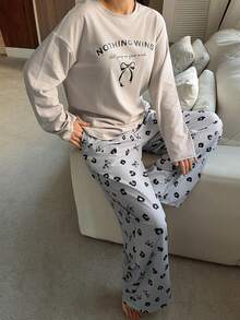 DAZY 两件套女士蝴蝶图案宽松长袖T恤和豹纹睡裤套装 - 藍色 - 查看 2