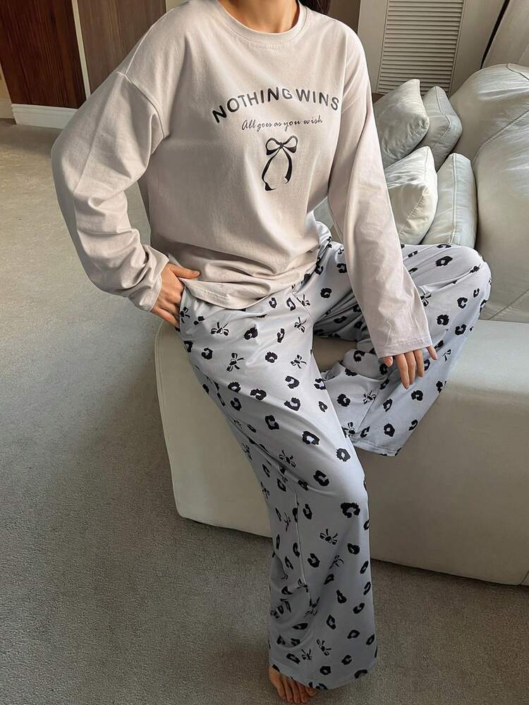 2pcs Women Butterfly Pattern Loose Long Sleeve T-Shirt & Leopard Print Pants Pajama Set
