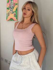 DAZY Top de pijama de mujer con tejido jacquard cómodo y parches de encaje - Rosa - Ver 6