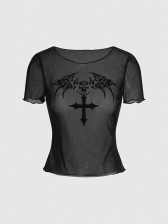 T-shirt femme style gothique avec ailes floquées et crâne
