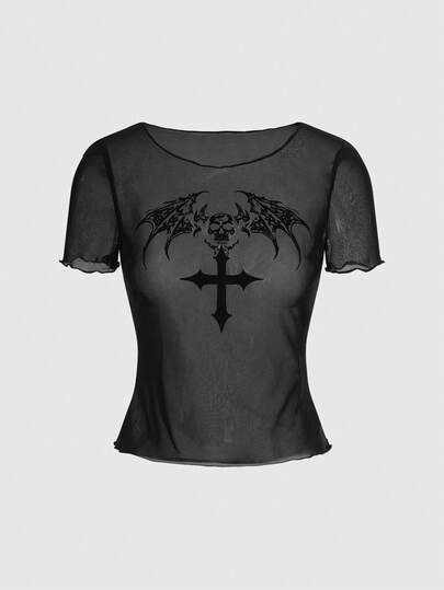 T-shirt femme style gothique avec ailes floquées et crâne