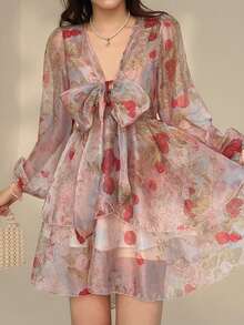 Vestido de manga larga con cuello en V con estampado floral rosa, estilo francés, vestido mini de línea A de gasa con cintura anudada, vestido de primavera estilo boho para vacaciones para mujer - Rosado Sandía - Ver 6