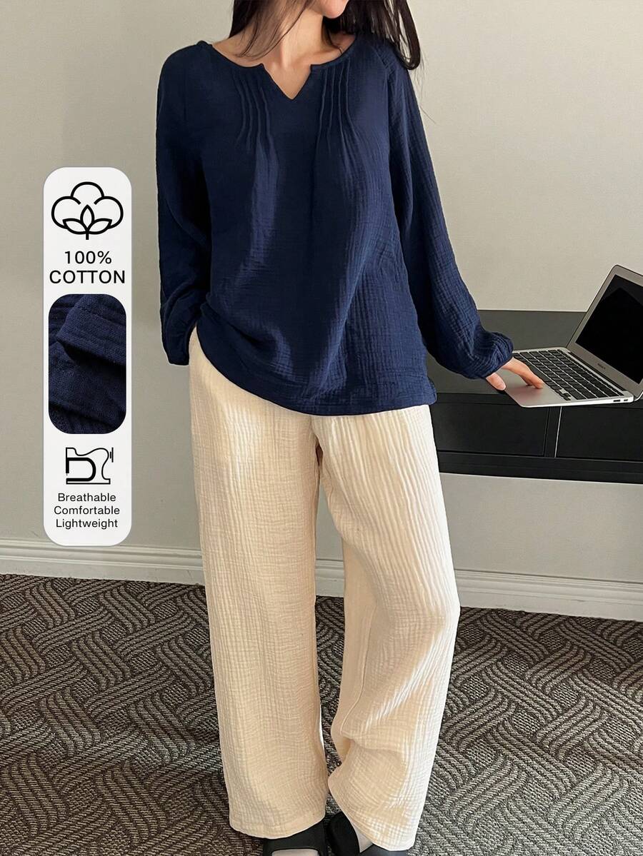 DAZY Wabi-Sabi Style Pleated Texture Fabric Lantern Sleeve Loose Women's Pajama Set - Navy Blue - View 1