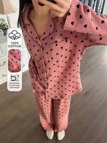 DAZY Women's Heart Print Lapel Collar Long Sleeve Shirt And Pants Pajama Set, Spring/Autumn - Pink - View 3