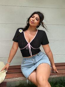 GalTyme Áo thun nữ dáng rộng, cổ chữ V khoét sâu, thắt nút phía trước, màu đen, gợi cảm, mùa hè - màu đen - Xem 4