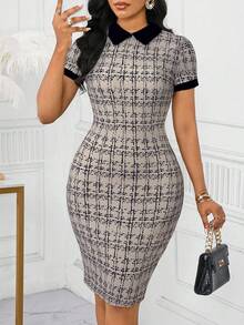 SHEIN Lady 女士优雅格子印花修身中长连衣裙，夏季女士办公室连衣裙女士工作连衣裙非洲女士服装毕业礼服/生日和活动礼服/办公室礼服/教堂礼服/ - 卡其色 - 查看 1