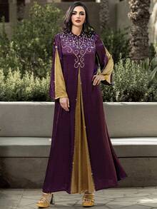 Layrah Purple & Gold Handmade Rhinestone Embellished Arabic Style Dress Abayas Dubai Luxury For Evening Party,Formal Elegant Al-Adha Wedding Dresses - Purple - View 5