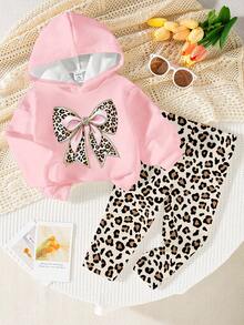 Conjunto de 2 peças para bebês meninas com estampa casual chique de leopardo, composto por moletom com capuz rosa com laço e calça legging com estampa de leopardo. Ideal para outono/inverno. - Multicolorido - Ver 1