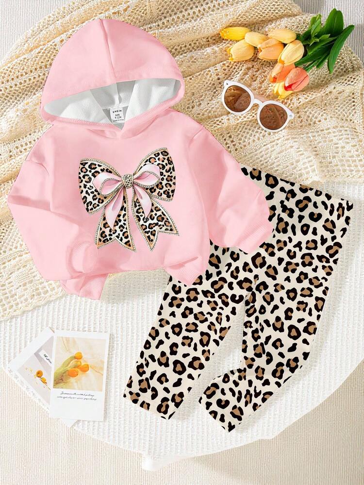 2pcs Baby Girls Casual Chic Cute Leopard Bow Print Pink Hoodie Sweatshirt And Full Leopard Print Leggings Set, Autumn/Winter Infant Toddler Outfit - Multicolor - View 1