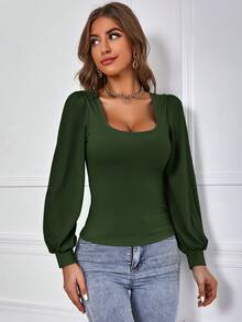 SHEIN Frenchy 女士纯色方领修身长袖T恤 - 墨綠色 - 查看 5