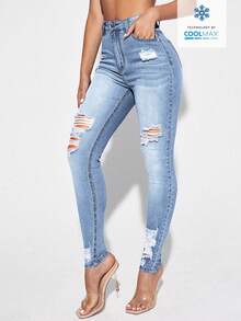 EMERY ROSE بنطلون جينز ضيق كاجوال بجيوب مائلة مشوه باللون الأحادي - الأزرق - مشاهدة 4