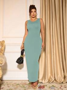 Cravure Plus Size Elegant Solid Color Sleeveless Fitted Dress, Summer - Lime Green - View 6