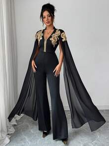 Elenzga Women's V-Neck Applique Cape Design Fashionable Jumpsuit Wide Leg Pants For Party