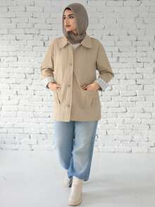 Livesso Loose Fit Color Block Lapel Collar Pockets Casual Long Sleeve Ladies Jacket,Fall Women Clothes Women Coats - Khaki - View 4