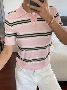 DAZY Women's Contrast Stripe Fitted Short Sleeve Polo Collar Casual Lightweight Knit Sweater Top, Spring/Autumn - Pink - View 3