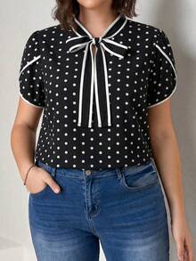Chikora 大码女式系带领波点印花花瓣袖优雅衬衫夏季假日上衣情人节嘉年华服装沙滩优雅度假黑色上衣夏季假日春夏上衣 - 黑與白 - 查看 3