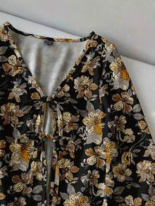 SHEIN LUNE Women's Floral Print Front Tie Long Sleeve Loose Blouse, Vacation Wear Spring - Multicolor - View 3