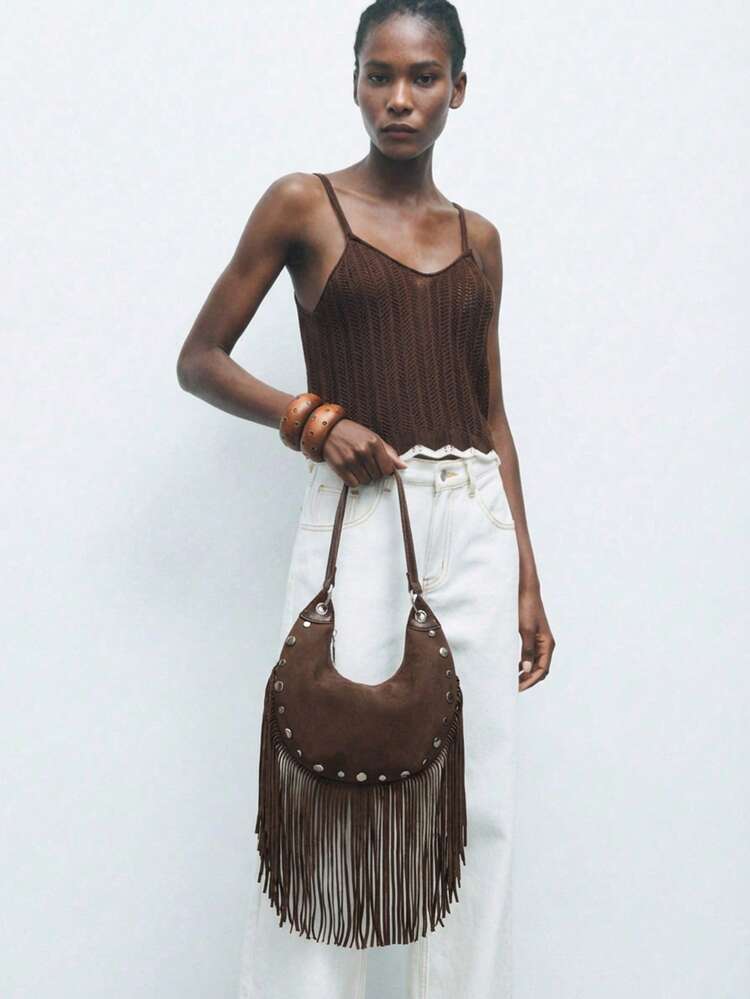 SHEIN Maija Ladies, Women Shoulder Bag, Hobo Bag, Top Handle Bags, Tassel, Retro, Rivets, Vintage, Fashionable, Elegant, Simple, Personalized, Versatile, Classic, For Commute, Office, Date, Daily, Shopping, Afternoon Tea