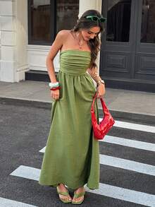 Selianne 橄榄绿抹胸A字长裙 - 女士春夏新款，适合休闲、度假、日常办公、聚会和街头穿搭 - 綠色 - 查看 8