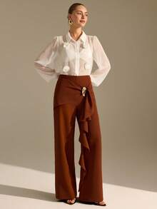 CLARA VERO Damen Asymmetrische Hose mit goldenem Knopf und Rüschensaum, weites Bein - Braun - Übersicht 7