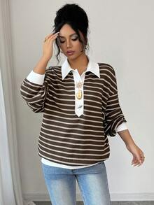 Selianne Brown Striped Long-Sleeve Sweatshirt/T-Shirt Top With Metal Buckle Accents - Fashionable Casual For Daily Outings, Christmas & New Year, Women's Autumn & Winter Wear - Brown - View 7