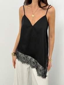 Aloruh 女士时尚蕾丝拼接不对称下摆黑色吊带背心，缎面蕾丝饰边，性感百搭，情人节必备 - 黑色 - 查看 5