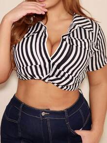 MelDlgn 大码女士休闲经典黑白条纹扭纹前短衬衫，适合夏季日常穿着和户外穿着，易于搭配 - 黑色 - 查看 3