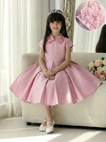 SHEIN Tween Girl Casual Elegant 3D Floral Collar Waist Cinched Dress, Princess Dress, Pink Party Dress Suitable For Party, Wedding, Holiday, Pink Dress, Wedding Season, Birthday Party, Valentine's Day, Pink Flower Collar Dress, Pink Puffy Dress Girls, Pink Formal Dress For Kids, Elegant Pink Dress Kids, Girls Collared Dress - Pink - View 9