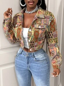 BamGleam Áo khoác ngắn dệt jacquard phong cách retro thường ngày, cổ ve áo, cài một hàng khuy, họa tiết chắp vá, dáng ôm, áo khoác ngoài đa năng phong cách boho dành cho nữ. - Nhiều màu - Xem 3