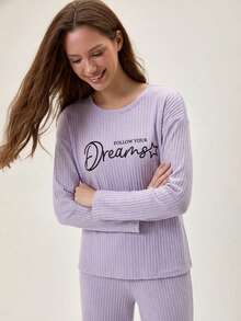 Loomlin Slogan Graphic Drop Shoulder Lounge Set - Mauve Purple - View 4