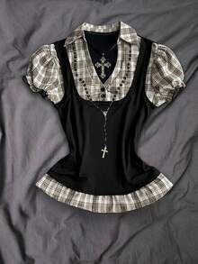 Attitoon 休闲复古朋克 Y2K、情人节音乐节西部哥特风二合一格子拼接泡泡袖修身女式衬衫，适合夏季外出穿着 - 黑色 - 查看 7