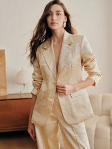 Anewsta 女士春夏香槟色优雅长袖单排扣西装外套，常规西装版型，采用质感光泽面料，简约而不失精致，适合工作通勤、休闲、商务活动、婚礼等场合。 - 金色 - 查看 1