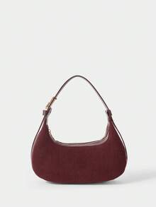 SHECARRY Corduroy Handbag, Fashionable Shoulder Bag, Casual Crescent Crossbody Bag, Autumn/Winter New Arrival - Wine red - View 2