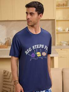 Velminro Men's Casual Cartoon Letter Print Short Sleeve Loungewear Top, Summer