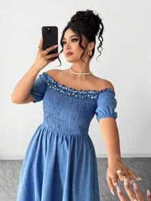 Elenzga 大码女装夏季新款珍珠荷叶边露肩泡泡袖收腰优雅连衣裙，适合约会、下午活动、度假、城市漫步、朋友聚会等场合。 - 藍色 - 查看 3