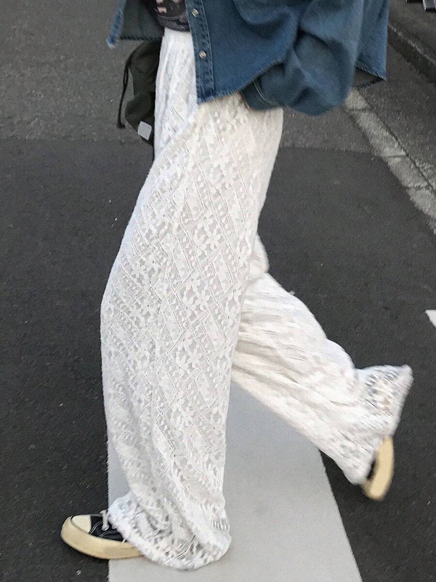 FRIFUL 女士纯白色薄纱蕾丝直筒宽松休闲裤 - 白色 - 查看 1