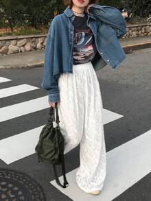 FRIFUL 女士纯白色薄纱蕾丝直筒宽松休闲裤 - 白色 - 查看 6