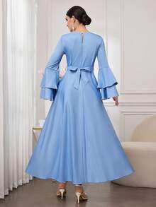 Al Najma 女士优雅奢华水钻链条装饰腰带喇叭袖阿拉伯风格连衣裙 - 藍色 - 查看 2