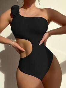 Swim Chiccia Solid Color Cutout One-Piece Swimsuit For Beach Vacation One Shoulder Swimsuit Black Swimsuit Women Black One Piece - Black - View 6