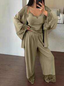 DAZY 3pcs Lace Patchwork Robe, Camisole & Pants Women Sleepwear Set - Olive Green - View 5