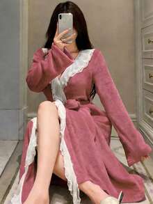 DAZY Women's Long Plush Lace Ruffle Hem Splice Pink Bathrobe, Winter - Baby Pink - View 6