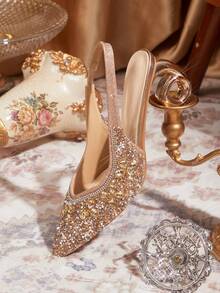 CUCCOO TILAWA Women's Rhinestone Pointed Toe High Heel Shoes, Elegant Luxury Ankle Strap Thin Heel Sandals, Suitable For Dates And Commuting Valentine's Day - Champagne - View 6