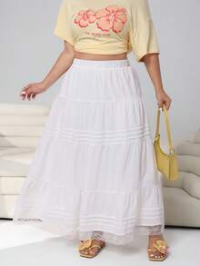 Solflare Plus Size Women Solid Color Elastic Waist Ruffle Hem Casual Skirt - White - View 5
