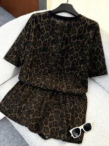 Lalippa Digital Leopard Muster Lässig Damen Rundhals T-Shirt & Sport Set, Geschenk für Freunde