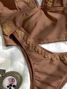 Bonvoyette Brown Embroidered Casual Women's Camisole & Tankini Swimsuit Set - Brown - View 8