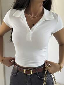 DAZY Áo thun nữ tay ngắn cổ bẻ ôm sát, kiểu dáng thường ngày gợi cảm, phong cách đường phố mùa hè Y2K - trắng - Xem 2